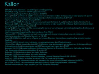 Källor
2004:98, S. För oss tillsammans - om utbidlning och utvecklningsstörning.
2010:800, S. Skollag. Stockholm: Utbildningsdepartementet.
http://en.wikipedia.org/wiki/Chris_Burke_(actor) 20150412
Brown, J. Dodd, K. andVetere A (2009)’I am a normal man’: a narrative analysis of the accounts of older people with Down’s
syndrome who lived in institutionalised settings British Journal of Learning Disabilities 38, 217–224
http://en.wikipedia.org/wiki/Pablo_Pineda 20150412
Grunewald, Karl (2009). Från idiot till medborgare: de utvecklingsstördas historia (1. uppl.). Stockholm: Gothia. Hamilton, C., &
Atkinson, D. (2009). 'A Story to Tell':learning from the life-stories of older people with intellectual disabilities in Ireland. British
Journal of Learning Disabilities , 37, ss. 316-322.
Koenig, O. (2011).Any added value? Co-constructing life stories of and with people with intellectual disabilities. British Journal of
Learning Disabilities , 40, ss. 213-221.
http://mamiverse.com/angela-bachiller-down-syndrome-ﬁrsts-44644/
Meininger, H. P. (4 2010). Connecting stories:A narrative approach of social inclusion of persons with intellectual
disability. European Journal of Disabilitu Research , ss. 190-202.
Mitchell, D. (2008).What really works in Special and Inclusive Education: Using evidence-based teaching strategies. London:
Routledge.
Nilholm, C. (2012). Barn och elever i svårigheter - en pedagogisk utmaning. Lund: Studentlitteratur.
Nilholm, Claes & Björk Åkesson, Eva (red). (2011). Reﬂektioner kring specialpedagogik sex professorer om forskningsområdet och
forskningsfronterna. Stockholm:Vetenskapsrådet, 2007.Vetenskapsrådets rapportserie 5:2007.
Showgren, K:A. (2013) Considering Context:An Integrative Concept for Promoting Outcomes in the Intellectual Disability
Field Intellectualand Developmental Disabilities, 51 ss 132-137
Skolverket. (2013). Gymnasiesärskolan. Stockholm: Skolverket.
Skolverket. (2015). Integrerade elever. Stockholm: Skolverket .
Skrtic,T.M. (2005) A political economy of learning disabilities. Learning Disability Quarterly. 28. 149–155.
Stiker, H.-J. (2000). A History of Disability. Ann Arbor, USA:The University of Michigan.
UNESCO. (1994).The Salamanca statement and framework for action - On special needs education. UNESCO.
von Wright, M. (2002). Det relationella perspektivets utmaning - En personlig betraktelse . i Skolverket,
Att arbeta med särsklit stöd - några perspektiv (ss. 9-20). Stockholm: Skolverket.
 