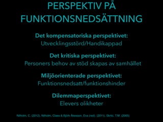 PERSPEKTIV PÅ
FUNKTIONSNEDSÄTTNING
Det kompensatoriska perspektivet:
Utvecklingsstörd/Handikappad
Det kritiska perspektivet:
Personers behov av stöd skapas av samhället
Miljöorienterade perspektivet:
Funktionsnedsatt/funktionshinder
Dilemmaperspektivet:
Elevers olikheter
Nilholm, C. (2012), Nilholm, Claes & Björk Åkesson, Eva (red). (2011), Skrtic, T.M. (2005)
 