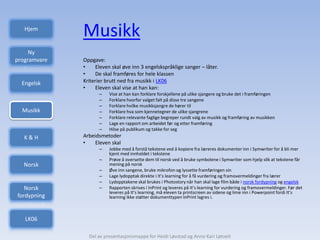 Hjem
              Musikk
     Ny
programvare   Oppgave:
              •     Eleven skal øve inn 3 engelskspråklige sanger – låter.
              •     De skal framføres for hele klassen
  Engelsk     Kriterier brutt ned fra musikk i LK06
              •     Eleven skal vise at han kan:
                     –   Vise at han kan forklare forskjellene på ulike sjangere og bruke det i framføringen
                     –   Forklare hvorfor valget falt på disse tre sangene
                     –   Forklare hvilke musikksjangre de hører til
  Musikk             –   Forklare hva som kjennetegner de ulike sjangrene
                     –   Forklare relevante faglige begreper rundt valg av musikk og framføring av musikken
                     –   Lage en rapport om arbeidet før og etter framføring
                     –   Hilse på publikum og takke for seg
   K&H        Arbeidsmetoder
              •    Eleven skal
                     –   Jobbe med å forstå tekstene ved å kopiere fra læreres dokumenter inn i Symwriter for å bli mer
                         kjent med innholdet i tekstene
                     –   Prøve å oversette dem til norsk ved å bruke symbolene i Symwriter som hjelp slik at tekstene får
  Norsk                  mening på norsk
                     –   Øve inn sangene, bruke mikrofon og lyssette framføringen sin
                     –   Lage lydopptak direkte i It’s learning for å få vurdering og framovermeldinger fra lærer
                     –   Lydopptakene skal brukes i Photostory når han skal lage film både i norsk fordypning og engelsk
   Norsk             –   Rapporten skrives i InPrint og leveres på It’s learning for vurdering og framovermeldinger. Før det
                         leveres på It’s learning, må eleven ta printscreen av sidene og lime inn i Powerpoint fordi It’s
fordypning               learning ikke støtter dokumenttypen InPrint lagres i.



   LK06

                Del av presentasjonsmappe for Heidi Løvstad og Anne Kari Løtveit
 