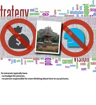 So intranets typically have
- no budget for pictures.
- no person responsible for even thinking about how to use pictures.
 