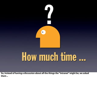How much time ...
?
So, instead of having a discussion about all the things the ”intranet”might be, we asked
them ..
 