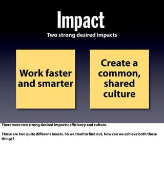 Create a
common,
shared
culture
Work faster
and smarter
ImpactTwo strong desired impacts
There were two strong desired impacts: eﬃciency and culture.
Those are two quite diﬀerent beasts. So we tried to find out, how can we achieve both those
things?
 