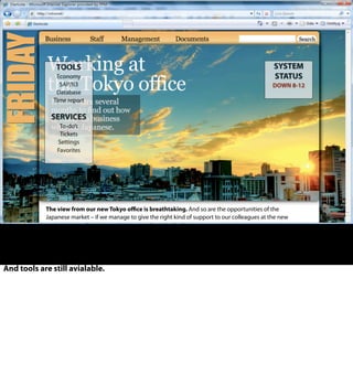 TOOLS
Economy
SAP/R3
Database
Time report
SERVICES
To-do’s
Tickets
Settings
Favorites
SYSTEM
STATUS
DOWN 8-12
The view from our new Tokyo oﬃce is breathtaking. And so are the opportunities of the
Japanese market – if we manage to give the right kind of support to our colleagues at the new
And tools are still avialable.
 
