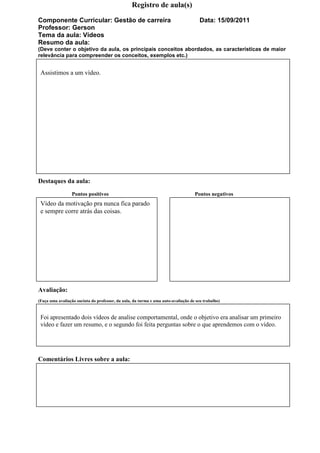 Registro de aula(s)

Componente Curricular: Gestão de carreira                                             Data: 15/09/2011
Professor: Gerson
Tema da aula: Vídeos
Resumo da aula:
(Deve conter o objetivo da aula, os principais conceitos abordados, as características de maior
relevância para compreender os conceitos, exemplos etc.)


 Assistimos a um vídeo.




Destaques da aula:
                 Pontos positivos                                                  Pontos negativos
 Vídeo da motivação pra nunca fica parado
 e sempre corre atrás das coisas.




Avaliação:
(Faça uma avaliação sucinta do professor, da aula, da turma e uma auto-avaliação de seu trabalho)


 Foi apresentado dois vídeos de analise comportamental, onde o objetivo era analisar um primeiro
 vídeo e fazer um resumo, e o segundo foi feita perguntas sobre o que aprendemos com o vídeo.




Comentários Livres sobre a aula:
 