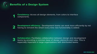 Benefits of a Design System
INTO THE BOX 2024
Consistency: Across all design elements, from colors to interface
components.
1
Development efficiency: Development teams can work more efficiently by not
having to reinvent the wheel every time new functionality is added.
2
Collaboration: Facilitates collaboration between design and development
teams by providing a common base of design elements and rules. This is
especially important in large organizations with distributed teams.
3
 