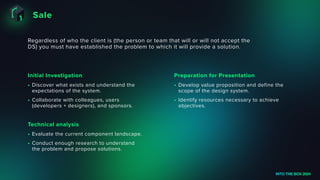 Sale
INTO THE BOX 2024
Regardless of who the client is (the person or team that will or will not accept the
DS) you must have established the problem to which it will provide a solution.
• Discover what exists and understand the
expectations of the system.
• Collaborate with colleagues, users
(developers + designers), and sponsors.
Initial Investigation
• Evaluate the current component landscape.
• Conduct enough research to understand
the problem and propose solutions.
Technical analysis
• Develop value proposition and define the
scope of the design system.
• Identify resources necessary to achieve
objectives.
Preparation for Presentation
 