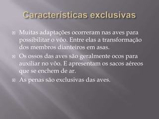 Características exclusivasMuitas adaptações ocorreram nas aves para possibilitar o vôo. Entre elas a transformação dos membros dianteiros em asas.Os ossos das aves são geralmente ocos para auxiliar no vôo. E apresentam os sacos aéreos que se enchem de ar.As penas são exclusivas das aves.