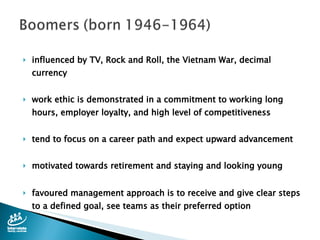 influenced by TV, Rock and Roll, the Vietnam War, decimal currency work ethic is demonstrated in a commitment to working long hours, employer loyalty, and high level of competitiveness tend to focus on a career path and expect upward advancement motivated towards retirement and staying and looking young favoured management approach is to receive and give clear steps to a defined goal, see teams as their preferred option 
