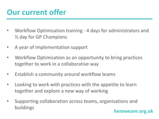 hereweare.org.uk
Our current offer
• Workflow Optimisation training - 4 days for administrators and
½ day for GP Champions
• A year of implementation support
• Workflow Optimisation as an opportunity to bring practices
together to work in a collaborative way
• Establish a community around workflow teams
• Looking to work with practices with the appetite to learn
together and explore a new way of working
• Supporting collaboration across teams, organisations and
buildings
 
