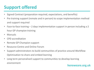 hereweare.org.uk
Support offered
• Signed Contract (preparation required, expectations, and benefits)
• Pre training support (remote and in person) to scope implementation method
and support required
• Face-to-face training – 2 days implementation support in person including a 2
hour GP champion training
• Manuals
• CPD accreditation
• Remote GP Champion support
• Resource Centre and Online Forum
• Support administrators to build communities of practice around Workflow
Optimisation to share and embed learning
• Long term personalised support to communities to develop learning
environment
 