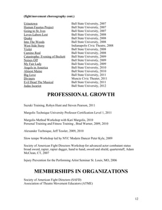 (fight/movement choreography cont.)

Urinetown                            Ball State University, 2007
Human Faustus Project                Ball State University, 2007
Going to St. Ives                    Ball State University, 2007
Loves Labors Lost                    Ball State University, 2008
Quake                                Ball State University, 2008
Into The Woods                       Ball State University, 2008
West Side Story                      Indianapolis Civic Theatre, 2008
Violet                               Ball State University, 2008
Camino Real                          Ball State University, 2008
Catastrophe: Evening of Beckett      Ball State University, 2009
Noises Off                           Ball State University, 2009
My Fair Lady                         Ball State University, 2009
Angels in America                    Ball State University, 2010
Almost Maine                         Ball State University, 2010
Big Love                             Ball State University, 2011
Diviners                             Muncie Civic Theater, 2011
Evil Dead The Musical                Ball State University, 2011
Judas Iscariot                       Ball State University, 2012

                  PROFESSIONAL GROWTH
Suzuki Training, Robyn Hunt and Steven Pearson, 2011

Margolis Technique University Professor Certification Level 1, 2011

Margolis Method Workshop with Kari Margolis, 2010
Personal Training and Fitness Training , Brad Warner, 2009, 2010

Alexander Technique, Jeff Tessler, 2009, 2010

Slow tempo Workshop led by NYC Modern Dancer Peter Kyle, 2009

Society of American Fight Directors Workshop for advanced actor combatant status
broad sword, rapier, rapier dagger, hand to hand, sword and shield, quarterstaff, Adam
McClean, CT, 2007

Injury Prevention for the Performing Artist Seminar St. Louis, MO, 2006


        MEMBERSHIPS IN ORGANIZATIONS
Society of American Fight Directors (SAFD)
Association of Theatre Movement Educators (ATME)



                                                                                         12
 