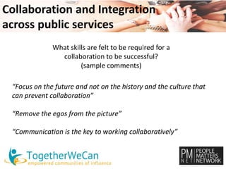 Collaboration and Integration 
across public services 
What skills are felt to be required for a 
collaboration to be successful? 
(sample comments) 
“Focus on the future and not on the history and the culture that 
can prevent collaboration” 
“Remove the egos from the picture” 
“Communication is the key to working collaboratively” 
 
