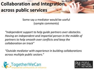 Collaboration and Integration 
across public services 
Some say a mediator would be useful 
(sample comments) 
“Independent support to help guide partners over obstacles. 
Having an independent and impartial person in the middle of 
partners to help smooth over conflicts and keep the 
collaboration on track” 
“Outside mediator with experience in building collaborations 
across multiple public sectors.” 
 