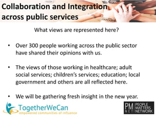 Collaboration and Integration 
across public services 
What views are represented here? 
• Over 300 people working across the public sector 
have shared their opinions with us. 
• The views of those working in healthcare; adult 
social services; children’s services; education; local 
government and others are all reflected here. 
• We will be gathering fresh insight in the new year. 
 
