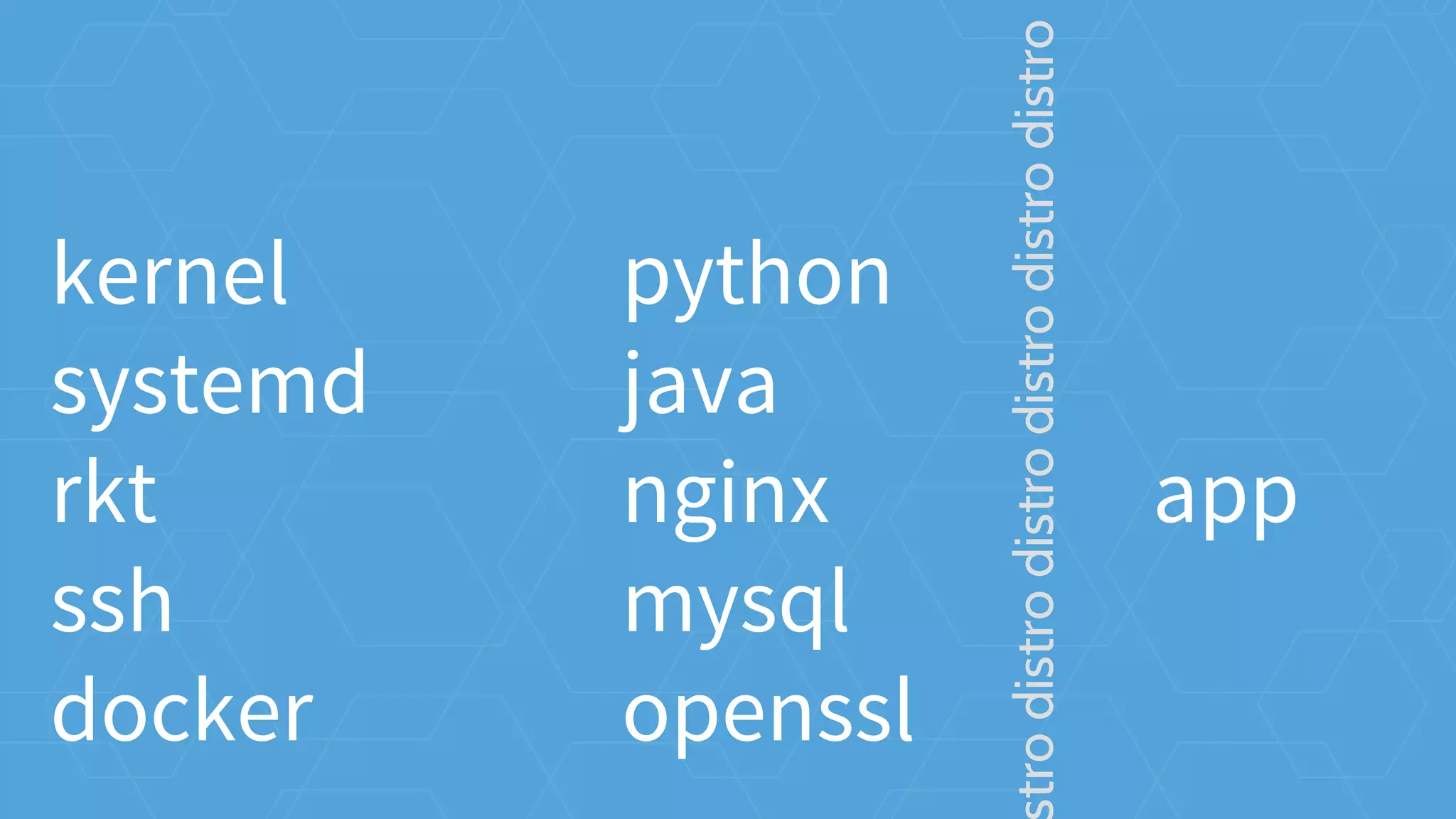 kernel
systemd
rkt
ssh
docker
python
java
nginx
mysql
openssl
app
trodistrodistrodistrodistrodistro
 