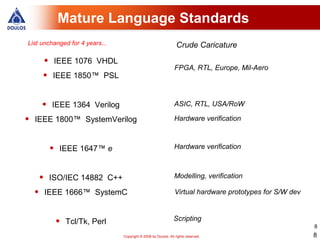 Mature Language Standards
List unchanged for 4 years...                                        Crude Caricature

        •        IEEE 1076 VHDL
                                                                   FPGA, RTL, Europe, Mil-Aero
        •    IEEE 1850™ PSL


        •    IEEE 1364 Verilog                                     ASIC, RTL, USA/RoW

•   IEEE 1800™ SystemVerilog                                       Hardware verification



             •    IEEE 1647™ e                                     Hardware verification



        •    ISO/IEC 14882 C++                                     Modelling, verification

    •       IEEE 1666™ SystemC                                      Virtual hardware prototypes for S/W dev



                 •   Tcl/Tk, Perl                                  Scripting
                                                                                                              8
                                    Copyright © 2008 by Doulos. All rights reserved.                          8
 
