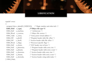 typedef struct
{
unsigned char e_ident[EI_NIDENT]; /* Magic number and other info */
Elf64_Half e_type; /* Object file type */
Elf64_Half e_machine; /* Architecture */
Elf64_Word e_version; /* Object file version */
Elf64_Addr e_entry; /* Entry point virtual address */
Elf64_Off e_phoff; /* Program header table file offset */
Elf64_Off e_shoff; /* Section header table file offset */
Elf64_Word e_flags; /* Processor-specific flags */
Elf64_Half e_ehsize; /* ELF header size in bytes */
Elf64_Half e_phentsize; /* Program header table entry size */
Elf64_Half e_phnum; /* Program header table entry count */
Elf64_Half e_shentsize; /* Section header table entry size */
Elf64_Half e_shnum; /* Section header table entry count */
Elf64_Half e_shstrndx; /* Section header string table index */
} Elf64_Ehdr;
LIBIFICATION
 