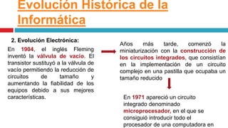 En 1904, el inglés Fleming
inventó la válvula de vacío. El
transistor sustituyó a la válvula de
vacío permitiendo la reducción de
circuitos de tamaño y
aumentando la fiabilidad de los
equipos debido a sus mejores
características.
2. Evolución Electrónica:
Años más tarde, comenzó la
miniaturización con la construcción de
los circuitos integrados, que consistían
en la implementación de un circuito
complejo en una pastilla que ocupaba un
tamaño reducido
En 1971 apareció un circuito
integrado denominado
microprocesador, en el que se
consiguió introducir todo el
procesador de una computadora en
Evolución Histórica de la
Informática
 