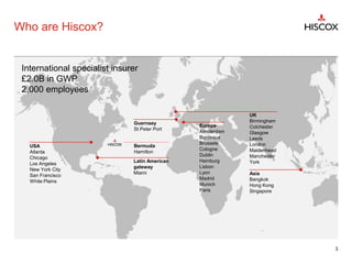Who are Hiscox?
3
USA
Atlanta
Chicago
Los Angeles
New York City
San Francisco
White Plains
Guernsey
St Peter Port
Latin American
gateway
Miami
Bermuda
Hamilton
Europe
Amsterdam
Bordeaux
Brussels
Cologne
Dublin
Hamburg
Lisbon
Lyon
Madrid
Munich
Paris
UK
Birmingham
Colchester
Glasgow
Leeds
London
Maidenhead
Manchester
York
Asia
Bangkok
Hong Kong
Singapore
International specialist insurer
£2.0B in GWP
2,000 employees
 