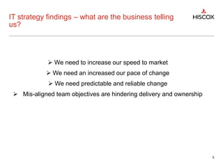 IT strategy findings – what are the business telling
us?
 We need to increase our speed to market
 We need an increased our pace of change
 We need predictable and reliable change
 Mis-aligned team objectives are hindering delivery and ownership
5
 