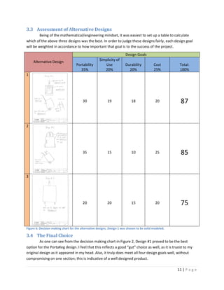 3.3 Assessment of Alternative Designs
         Being of the mathematical/engineering mindset, it was easiest to set up a table to calculate
which of the above three designs was the best. In order to judge these designs fairly, each design goal
will be weighted in accordance to how important that goal is to the success of the project.
                                                                        Design Goals
     Alternative Design                              Simplicity of
                                    Portability         Use             Durability           Cost        Total:
                                       35%              20%               20%                25%         100%
1




                                         30                19               18                20         87


2




                                         35                15               10                25         85


3




                                         20                20               15                20         75


Figure 6: Decision making chart for the alternative designs. Design 1 was chosen to be solid modeled.

3.4 The Final Choice
         As one can see from the decision making chart in Figure 2, Design #1 proved to be the best
option for the PortaKeg design. I feel that this reflects a good “gut” choice as well, as it is truest to my
original design as it appeared in my head. Also, it truly does meet all four design goals well, without
compromising on one section; this is indicative of a well designed product.

                                                                                                        11 | P a g e
 