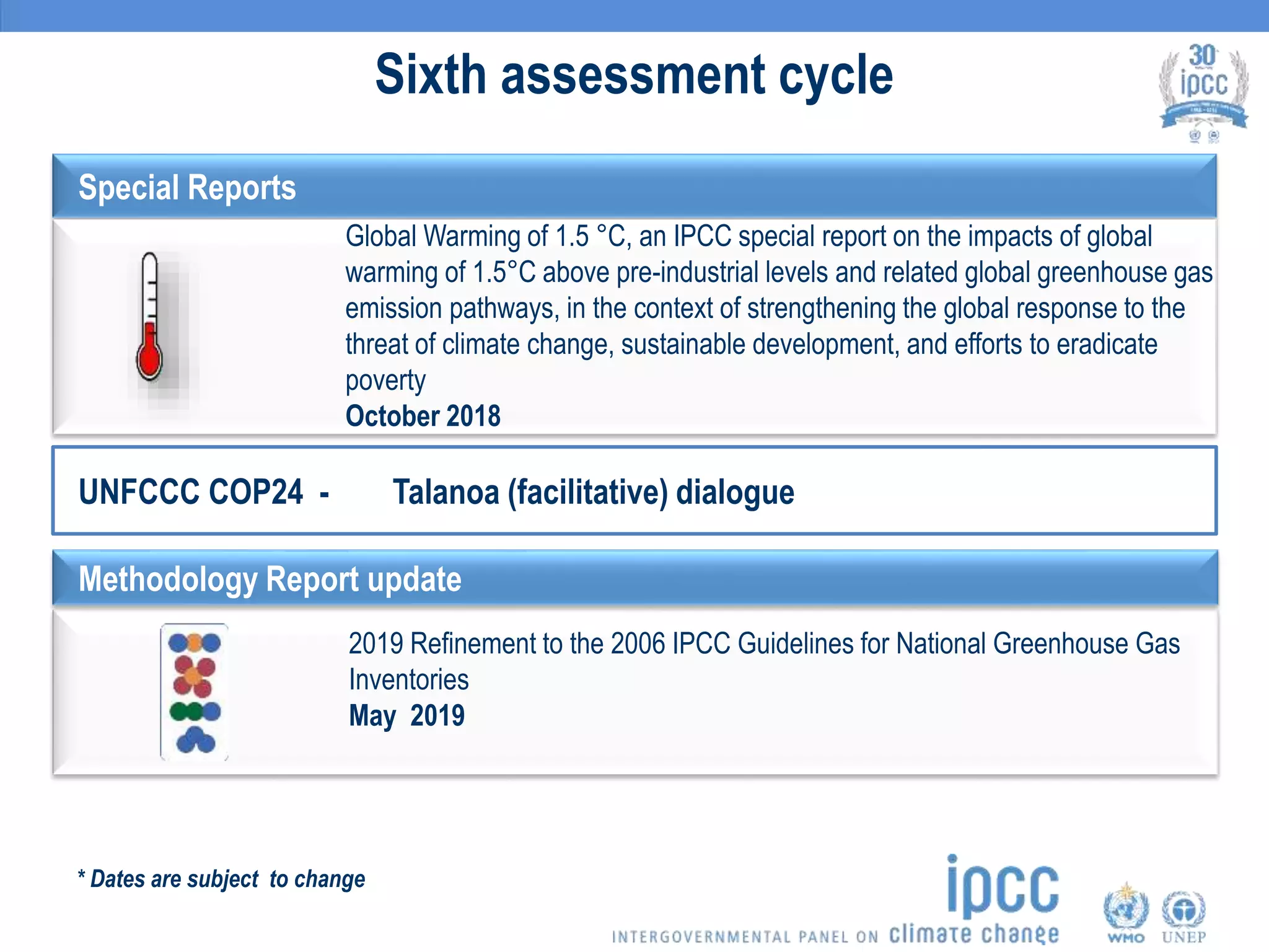 Sixth assessment cycle
Special Reports
Global Warming of 1.5 °C, an IPCC special report on the impacts of global
warming of 1.5°C above pre-industrial levels and related global greenhouse gas
emission pathways, in the context of strengthening the global response to the
threat of climate change, sustainable development, and efforts to eradicate
poverty
October 2018
UNFCCC COP24 - Talanoa (facilitative) dialogue
* Dates are subject to change
Methodology Report update
2019 Refinement to the 2006 IPCC Guidelines for National Greenhouse Gas
Inventories
May 2019
 