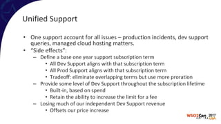Unified Support
• One support account for all issues – production incidents, dev support
queries, managed cloud hosting matters.
• “Side effects”:
– Define a base one year support subscription term
• All Dev Support aligns with that subscription term
• All Prod Support aligns with that subscription term
• Tradeoff: eliminate overlapping terms but use more proration
– Provide some level of Dev Support throughout the subscription lifetime
• Built-in, based on spend
• Retain the ability to increase the limit for a fee
– Losing much of our independent Dev Support revenue
• Offsets our price increase
 