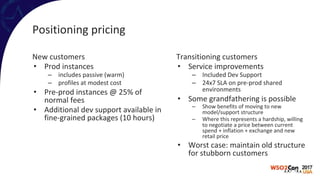 Positioning pricing
New customers
• Prod instances
– includes passive (warm)
– profiles at modest cost
• Pre-prod instances @ 25% of
normal fees
• Additional dev support available in
fine-grained packages (10 hours)
Transitioning customers
• Service improvements
– Included Dev Support
– 24x7 SLA on pre-prod shared
environments
• Some grandfathering is possible
– Show benefits of moving to new
model/support structure
– Where this represents a hardship, willing
to negotiate a price between current
spend + inflation + exchange and new
retail price
• Worst case: maintain old structure
for stubborn customers
 