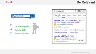 Google Confidential and Proprietary 
hyundai ix35 
On a smartphone 
Sydney CBD 
Saturday 8:30am 
Be Relevant 
 