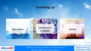 Challenges of using automation in technical research
Jonathan Million, Blue Yonder Research
Opportunities &
Challenges in MR
	
	
Summing up
More Impact
Less Resource /
Investment
Quicker
Challenges of using automation in technical research
Jonathan Million, Blue Yonder Research
Opportunities &
Challenges in MR
	
	
 