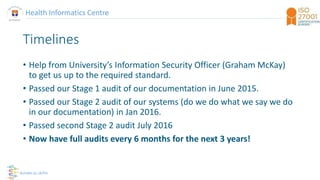Health Informatics Centre
dundee.ac.uk/hic
Timelines
• Help from University’s Information Security Officer (Graham McKay)
...