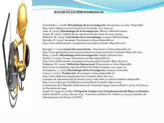 REFERENCIAS BIBLIOGRAFICAS


Armendolia, L. (2008), Metodología de la investigación. Documento en Línea. Disponible:
http://www.degerencia.com/tema/econ (Consulta: 2012, mayo 4).
Arias, B. (2005). Metodología de la Investigación. México; Editorial Limusa.
Armas, M. (2007). Análisis de las exportaciones de cortes de carne vacuna.
Ballestini, M. (2005). Actividades de la metodología. Caracas; Editorial Maga
Barradas, D, (2000). La carne. Documento en línea disponible en:
http://www.definicionabc.com/general/carne.php (Consulta: Mayo del 2012)

Barragán, Y. (2009) Controles arancelarios. Documento en línea disponible en:
http://www.gestiopolis.com/recursos4/docs/eco/arancevene.htm (Consulta: Mayo del 2012)
Beila, J. (2008). Metodología de la investigación. España; Editorial Arca
Bracho, A. (2004) Escases. Documento en línea disponible en:
http://www.definicionabc.com/general/escasez.php (Consulta: Mayo del 2012)
Bridgman, W. (2009). Definición Operacional. Documento en Línea Disponible:
http://www.es.wikipedia.org/wiki/Definici%C3%B3 (Consulta: 2012, mayo 19)
Carrasquero, L. (2005) Metodología de la Investigación. Caracas, Venezuela
Castro, L. (2001), Producción. Documento en línea disponible en:
http://www.definicion.org/produccion (Consulta: Mayo del 2012)
Comisión de administración de divisas (2003), todo sobre el control cambiario disponible:
http://www.cadivi.gov.fe/biblioteca/control.html (Consulta: Marzo 2012)
Constitución de la Republica Bolivariana de Venezuela (1999), Gaceta oficial nº 37.627 de fecha 30
de Diciembre de 1999.
Engels, H. (1995) en su libro: El Papel de Trabajo en la Transformación del Mono en Hombre
Gaceta oficial Nº 37.625, Decreto 2032. Convenio cambiario Nº 1 Febrero 5, (2003). Comisión de
Administración de Divisas (CADIVI).
 