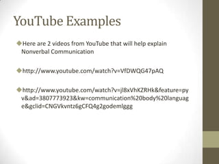 YouTube Examples
Here are 2 videos from YouTube that will help explain
Nonverbal Communication
http://www.youtube.com/watch?v=VfDWQG47pAQ
http://www.youtube.com/watch?v=jl8xVhKZRHk&feature=py
v&ad=3807773923&kw=communication%20body%20languag
e&gclid=CNGVkvntz6gCFQ4g2godemlggg
 