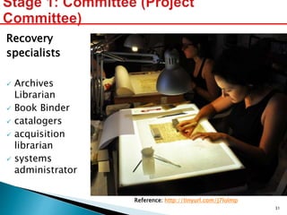 Recovery
specialists
 Archives
Librarian
 Book Binder
 catalogers
 acquisition
librarian
 systems
administrator
Reference: http://tinyurl.com/j7lolmp
31
 