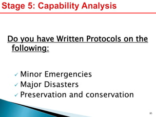 Do you have Written Protocols on the
following:
 Minor Emergencies
 Major Disasters
 Preservation and conservation
85
 