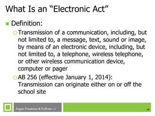 What Is an “Electronic Act”


Definition:
 Transmission

of a communication, including, but
not limited to, a message, text, sound or image,
by means of an electronic device, including, but
not limited to, a telephone, wireless telephone,
or other wireless communication device,
computer or pager
 AB 256 (effective January 1, 2014):
Transmission can originate either on or off the
school site
18

 