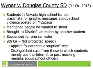 Wynar v. Douglas County SD








(9th Cir. 2013)

Students in Nevada high school turned in
classmate for graphic messages about school
violence posted on MySpace
Mentioned people he wanted to shoot
Brought to District’s attention by another student
Suspended for one semester
9th Cir – Not protected speech
 Applied “substantial disruption” test
 Distinguished case from those in which students
merely use the Internet to post mocking
remarks about school officials
30

 