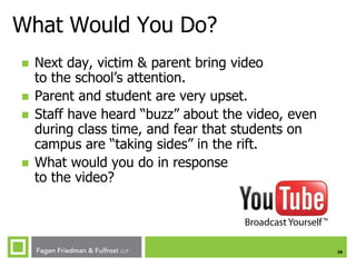 What Would You Do?







Next day, victim & parent bring video
to the school’s attention.
Parent and student are very upset.
Staff have heard “buzz” about the video, even
during class time, and fear that students on
campus are “taking sides” in the rift.
What would you do in response
to the video?

36

 