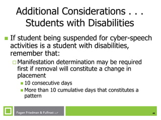Additional Considerations . . .
Students with Disabilities


If student being suspended for cyber-speech
activities is a student with disabilities,
remember that:
 Manifestation

determination may be required
first if removal will constitute a change in
placement
 10

consecutive days
 More than 10 cumulative days that constitutes a
pattern

40

 