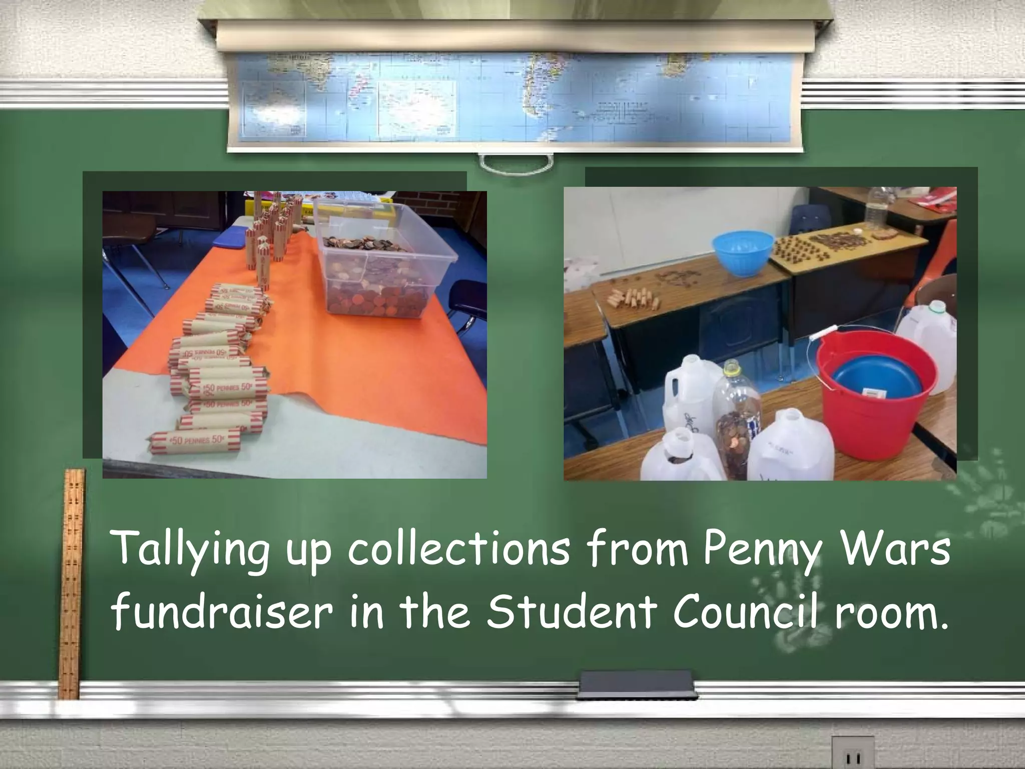Tallying up collections from Penny Wars fundraiser in the Student Council room.