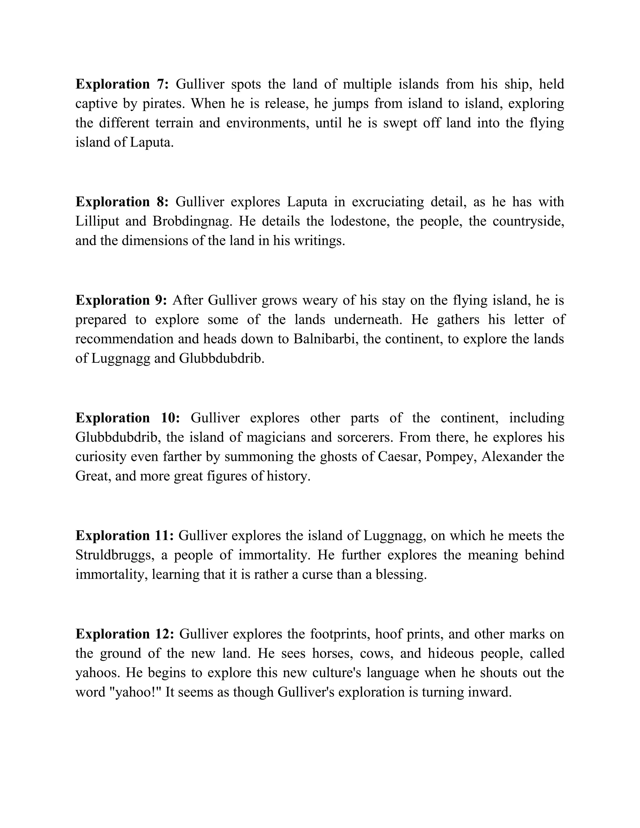 Exploration 7: Gulliver spots the land of multiple islands from his ship, held
captive by pirates. When he is release, he jumps from island to island, exploring
the different terrain and environments, until he is swept off land into the flying
island of Laputa.

Exploration 8: Gulliver explores Laputa in excruciating detail, as he has with
Lilliput and Brobdingnag. He details the lodestone, the people, the countryside,
and the dimensions of the land in his writings.

Exploration 9: After Gulliver grows weary of his stay on the flying island, he is
prepared to explore some of the lands underneath. He gathers his letter of
recommendation and heads down to Balnibarbi, the continent, to explore the lands
of Luggnagg and Glubbdubdrib.

Exploration 10: Gulliver explores other parts of the continent, including
Glubbdubdrib, the island of magicians and sorcerers. From there, he explores his
curiosity even farther by summoning the ghosts of Caesar, Pompey, Alexander the
Great, and more great figures of history.

Exploration 11: Gulliver explores the island of Luggnagg, on which he meets the
Struldbruggs, a people of immortality. He further explores the meaning behind
immortality, learning that it is rather a curse than a blessing.

Exploration 12: Gulliver explores the footprints, hoof prints, and other marks on
the ground of the new land. He sees horses, cows, and hideous people, called
yahoos. He begins to explore this new culture's language when he shouts out the
word "yahoo!" It seems as though Gulliver's exploration is turning inward.

 