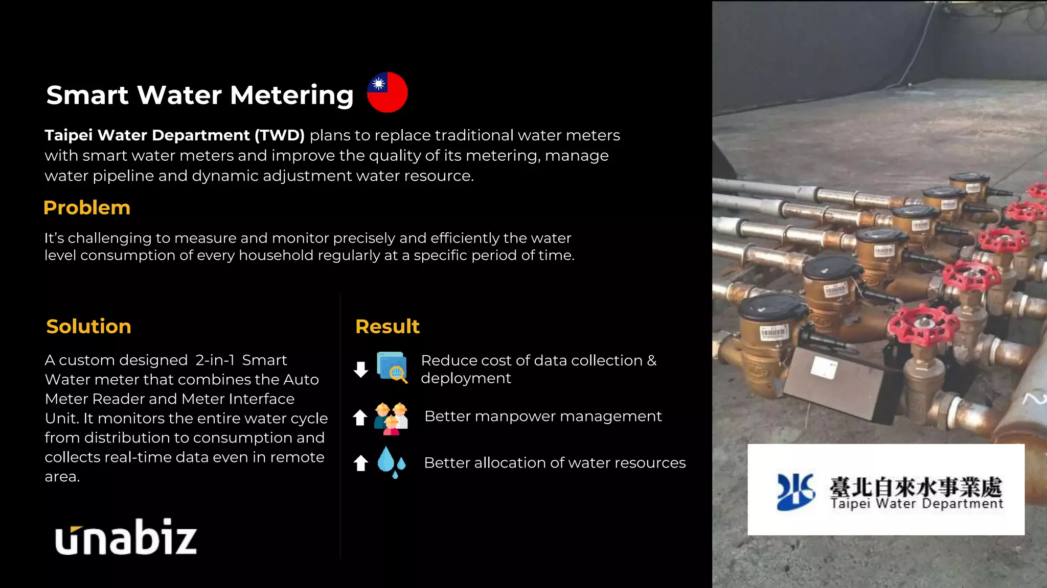 Smart Water Metering
Taipei Water Department (TWD) plans to replace traditional water meters
with smart water meters and improve the quality of its metering, manage
water pipeline and dynamic adjustment water resource.
Problem
Reduce cost of data collection &
deployment
Better manpower management
Better allocation of water resources
A custom designed 2-in-1 Smart
Water meter that combines the Auto
Meter Reader and Meter Interface
Unit. It monitors the entire water cycle
from distribution to consumption and
collects real-time data even in remote
area.
Solution
It’s challenging to measure and monitor precisely and efficiently the water
level consumption of every household regularly at a specific period of time.
Result
 