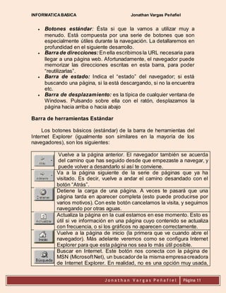 INFORMATICA BASICA Jonathan Vargas Peñafiel 
 Botones estándar: Ésta si que la vamos a utilizar muy a 
menudo. Está compuesta por una serie de botones que son 
especialmente útiles durante la navegación. La detallaremos en 
profundidad en el siguiente desarrollo. 
 Barra de direcciones: En ella escribimos la URL necesaria para 
llegar a una página web. Afortunadamente, el navegador puede 
memorizar las direcciones escritas en esta barra, para poder 
“reutilizarlas”. 
 Barra de estado: Indica el “estado” del navegador; si está 
buscando una página, si la está descargando, si no la encuentra 
etc. 
 Barra de desplazamiento: es la típica de cualquier ventana de 
Windows. Pulsando sobre ella con el ratón, desplazamos la 
página hacia arriba o hacia abajo 
Barra de herramientas Estándar 
Los botones básicos (estándar) de la barra de herramientas del 
Internet Explorer (igualmente son similares en la mayoría de los 
navegadores), son los siguientes: 
Vuelve a la página anterior. El navegador también se acuerda 
del camino que has seguido desde que empezaste a navegar, y 
puede volver a desandarlo si así te conviene. 
Va a la página siguiente de la serie de páginas que ya ha 
visitado. Es decir, vuelve a andar el camino desandado con el 
botón “Atrás”. 
Detiene la carga de una página. A veces te pasará que una 
página tarda en aparecer completa (esto puede producirse por 
varios motivos). Con este botón cancelamos la visita, y seguimos 
navegando por otras aguas. 
Actualiza la página en la cual estamos en ese momento. Esto es 
útil si ve información en una página cuyo contenido se actualiza 
con frecuencia, o si los gráficos no aparecen correctamente. 
Vuelve a la página de inicio (la primera que ve cuando abre el 
navegador). Más adelante veremos como se configura Internet 
Explorer para que esta página nos sea lo más útil posible. 
Buscar en Internet. Este botón nos conecta con la página de 
MSN (Microsoft Net), un buscador de la misma empresa creadora 
de Internet Explorer. En realidad, no es una opción muy usada, 
J o n a t h a n V a r g a s P e ñ a f i e l 
Página 11 
 