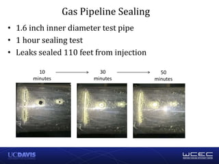 • 1.6 inch inner diameter test pipe
• 1 hour sealing test
• Leaks sealed 110 feet from injection
Gas Pipeline Sealing
10
minutes
30
minutes
50
minutes
 