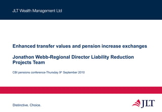 Enhanced transfer values and pension increase exchanges Jonathon Webb-Regional Director Liability Reduction Projects Team CBI pensions conference-Thursday 9 th  September 2010 