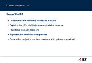Role of the IFA  Understands the members needs-the ‘Factfind’ Explains the offer - fully documented advice process  Facilitates member decisions Supports the  administration process Ensure that project is run in accordance with guidance provided 