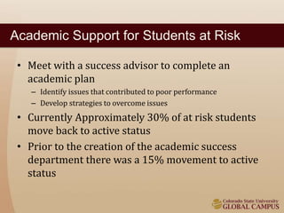 Academic Support for Students at Risk 
• Meet with a success advisor to complete an 
academic plan 
– Identify issues that contributed to poor performance 
– Develop strategies to overcome issues 
• Currently Approximately 30% of at risk students 
move back to active status 
• Prior to the creation of the academic success 
department there was a 15% movement to active 
status 
 