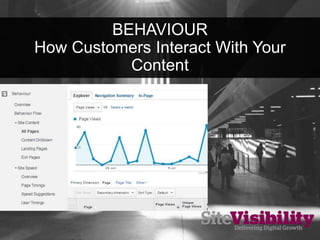 BEHAVIOUR
• Which page are most
popular
• Which pages are valuable
• Which website sections
are popular
• Drill downs thro...