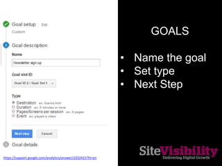 GOALS
• Set Destination
• Give a value
• Verify goal to test it
works
• Or test in real time
report
https://support.google...