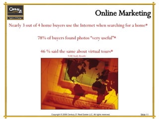 Nearly 3 out of 4 home buyers use the Internet when searching for a home* 78% of buyers found photos “very useful”* 46 % said the same about virtual tours* NAR Study Results Online Marketing 
